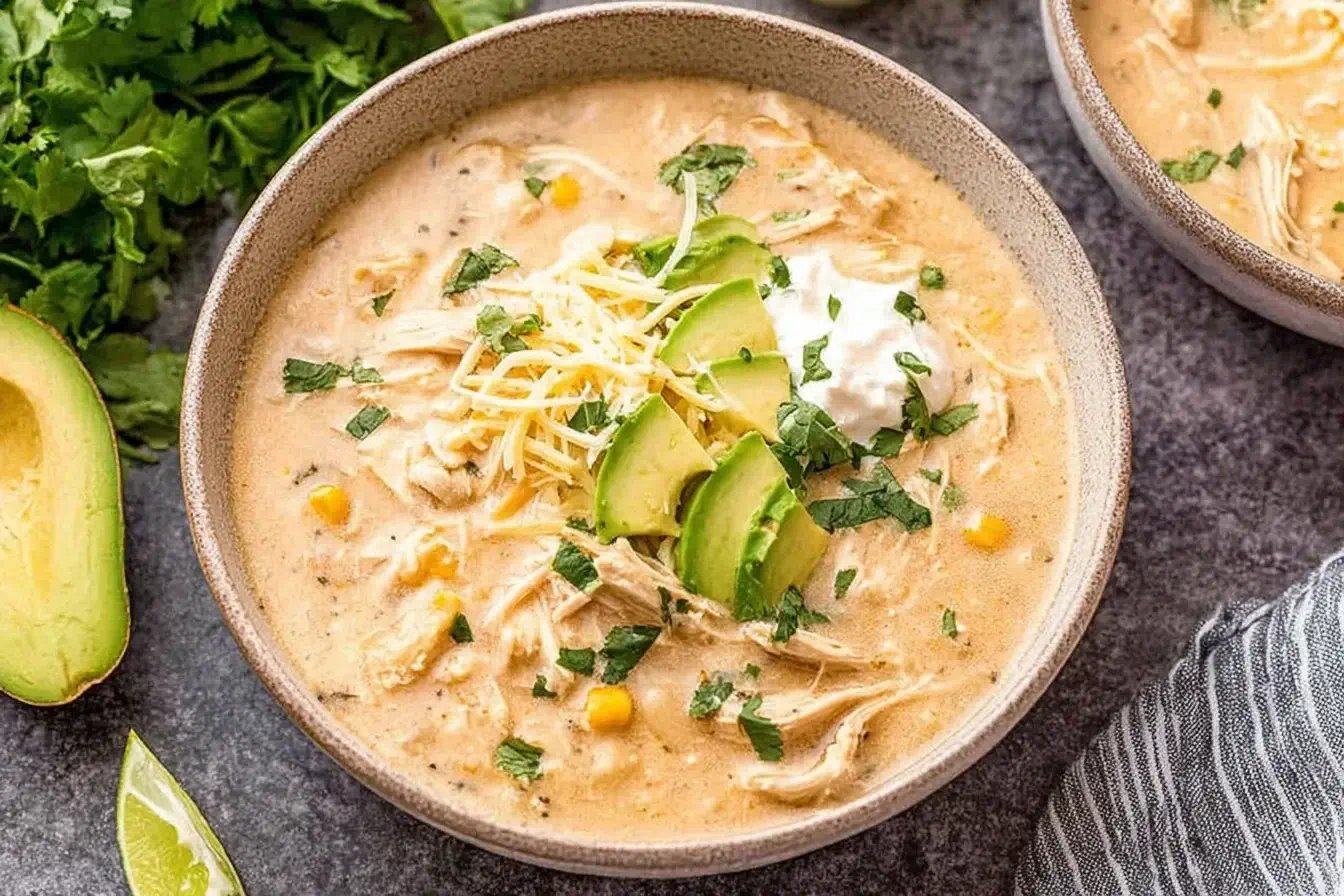 Creamy Green Chile Chicken Enchilada Soup topped with avocado, cheese, and cilantro in a rustic bowl.