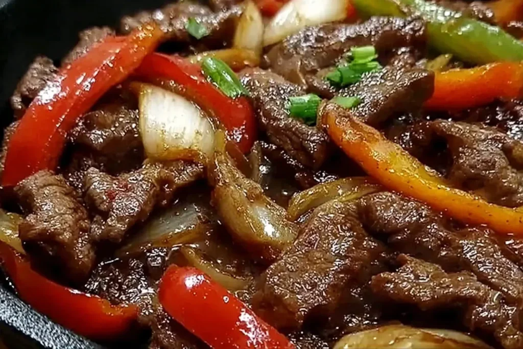 Chinese Pepper Steak with Onions in a sizzling skillet with tender beef strips, red and green bell peppers, and caramelized onions in savory sauce.