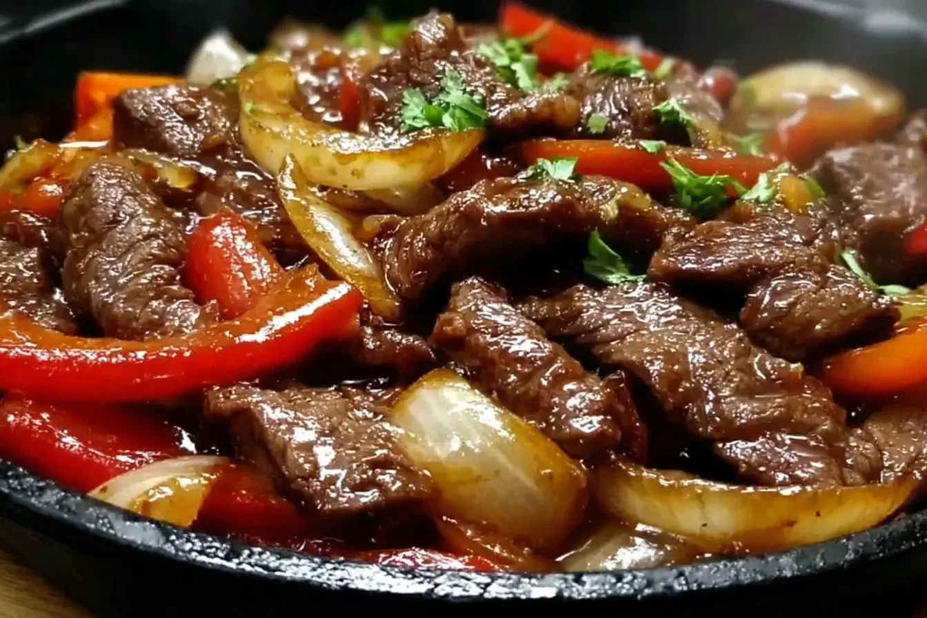 Chinese Pepper Steak with Onions served sizzling in a cast-iron skillet with tender beef, caramelized onions, and sweet red peppers in savory sauce.