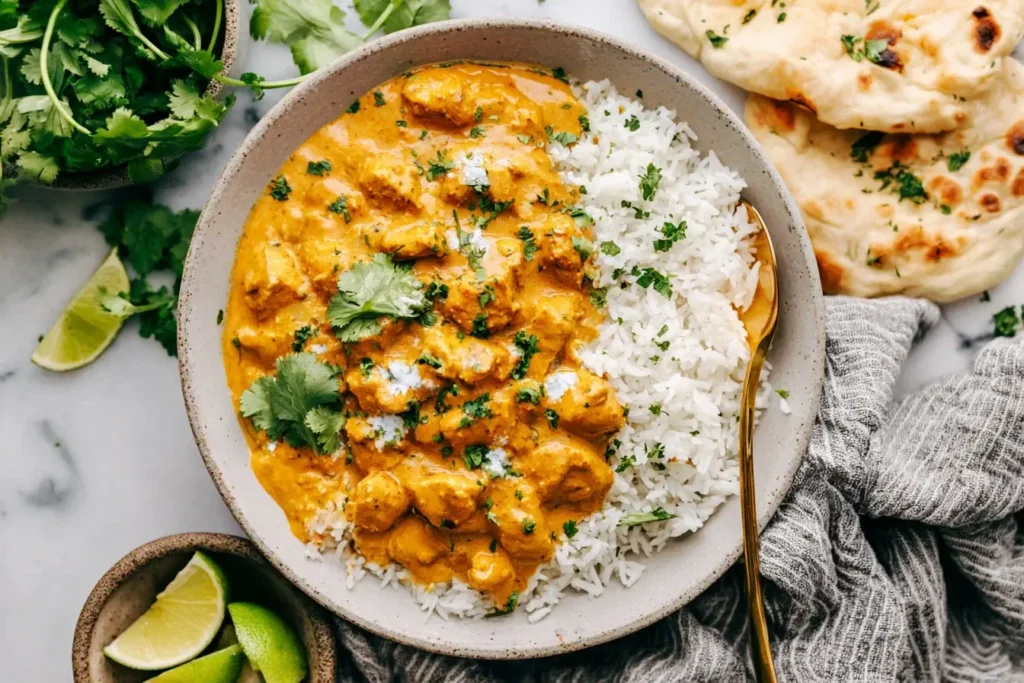Crockpot Butter Chicken served with fluffy rice, naan, and fresh cilantro