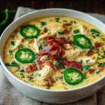 Creamy Spicy Jalapeño Popper Chicken Soup topped with crispy bacon, cheddar, and fresh jalapeño slices in a white bowl