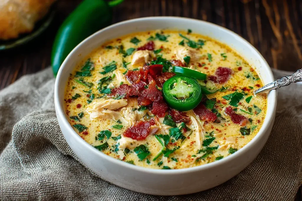 Spicy Jalapeño Popper Chicken Soup with shredded chicken, bacon, jalapeños, and fresh herbs served in a white bowl