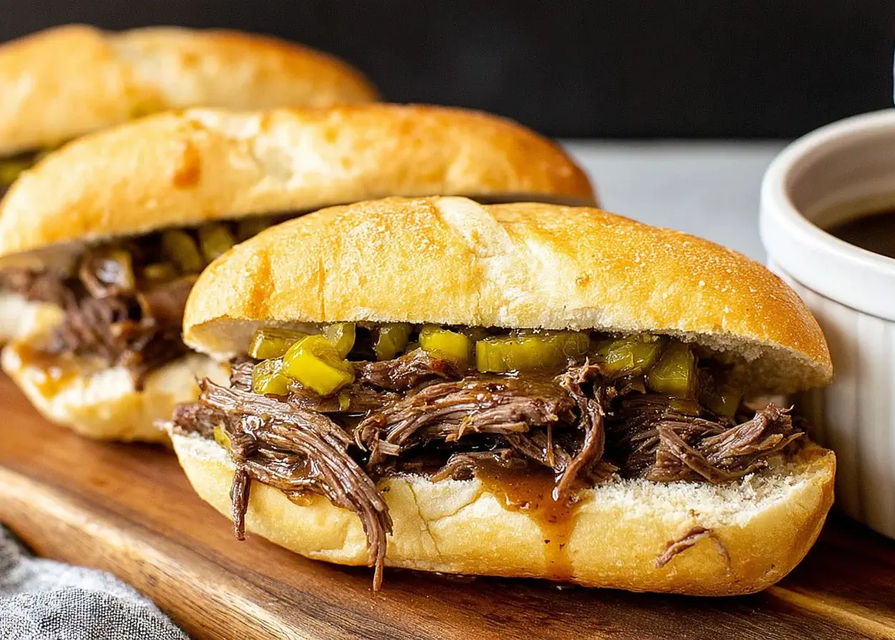 Slow Cooker Italian Beef Sandwiches with tender shredded beef, pepperoncini, and melted cheese on toasted hoagie rolls.