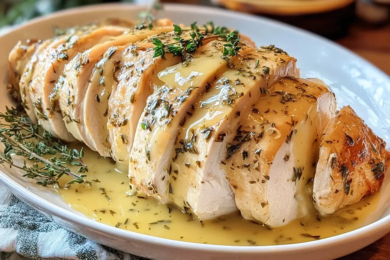 Sliced Crockpot Turkey Breast with golden herb gravy on a serving platter.