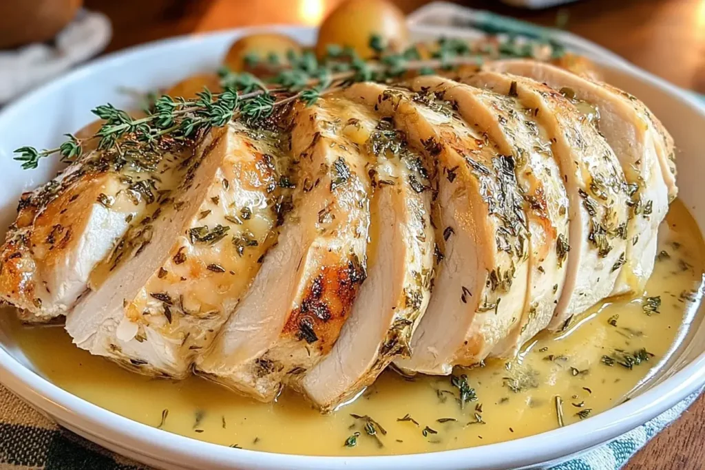 Crockpot Turkey Breast sliced and served with herb butter gravy in a white dish.