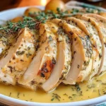 Crockpot Turkey Breast sliced and served with herb butter gravy in a white dish.
