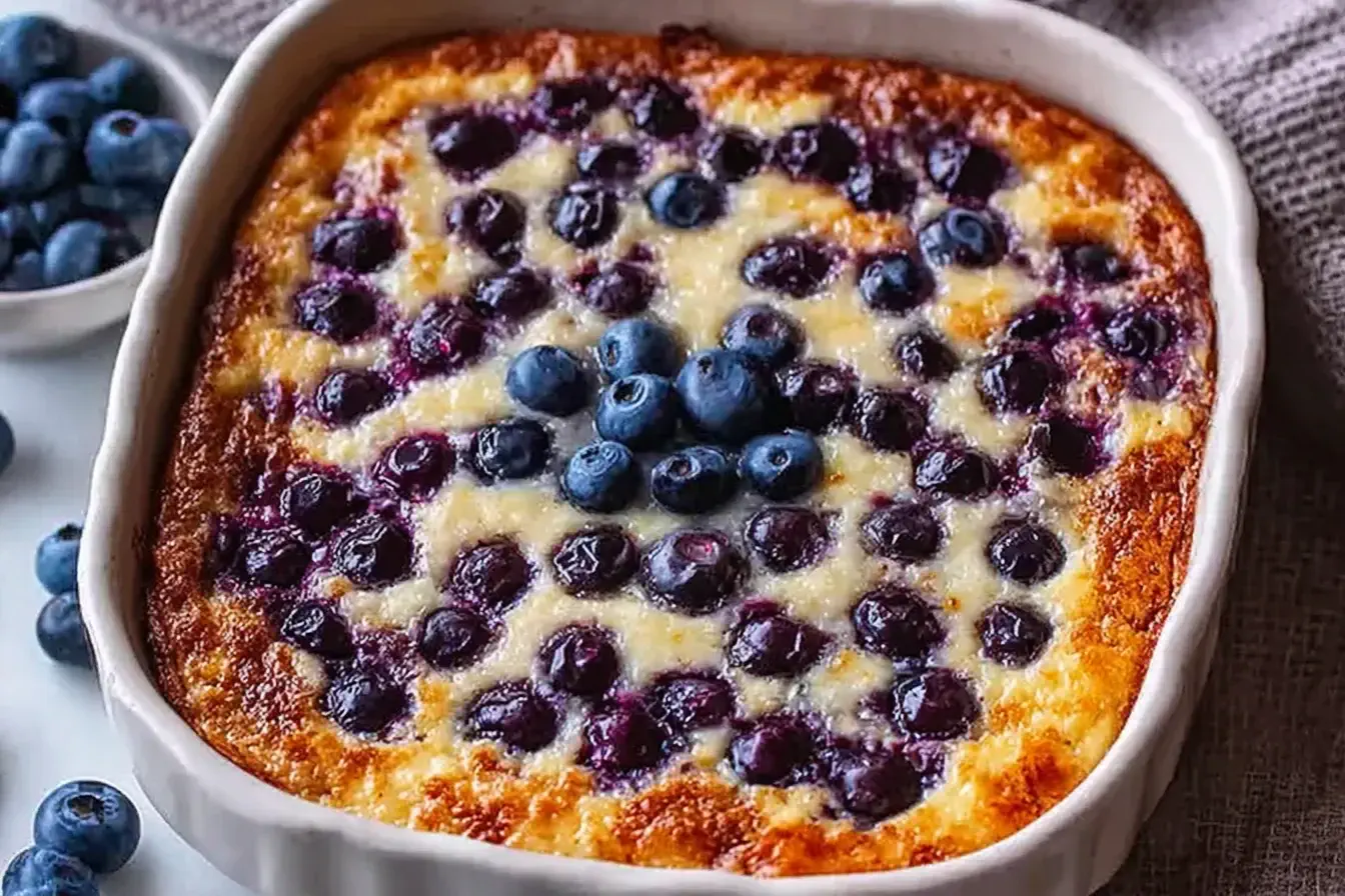 Freshly baked Blueberry Cottage Cheese Breakfast Bake with golden edges and juicy blueberries on top.