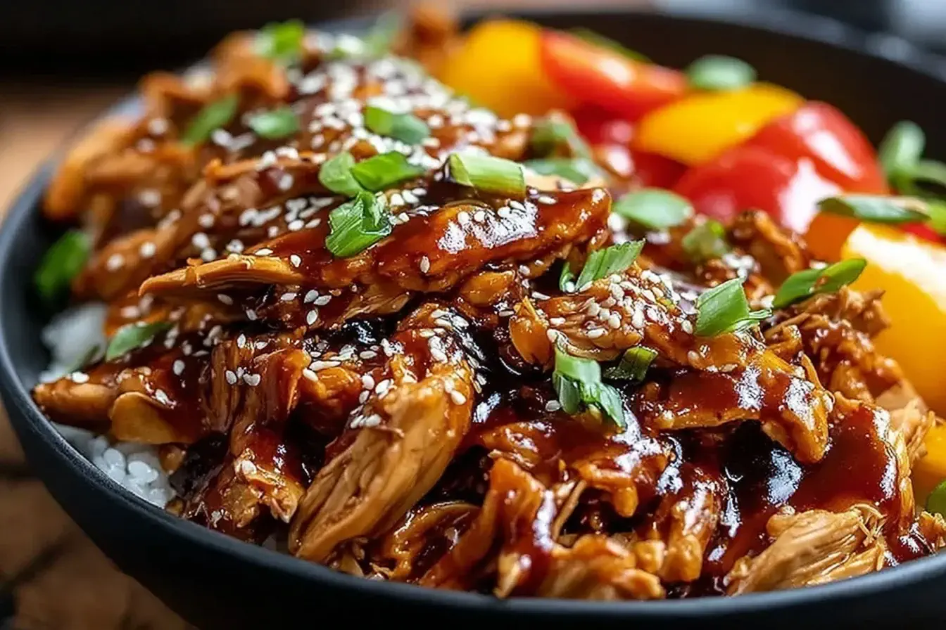 Slow Cooker Sweet Chili Chicken served over rice with sesame seeds, green onions, and bell peppers.