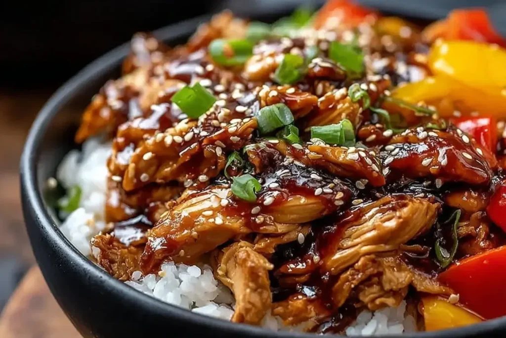 Slow Cooker Sweet Chili Chicken with sesame seeds and scallions served over rice and bell peppers.