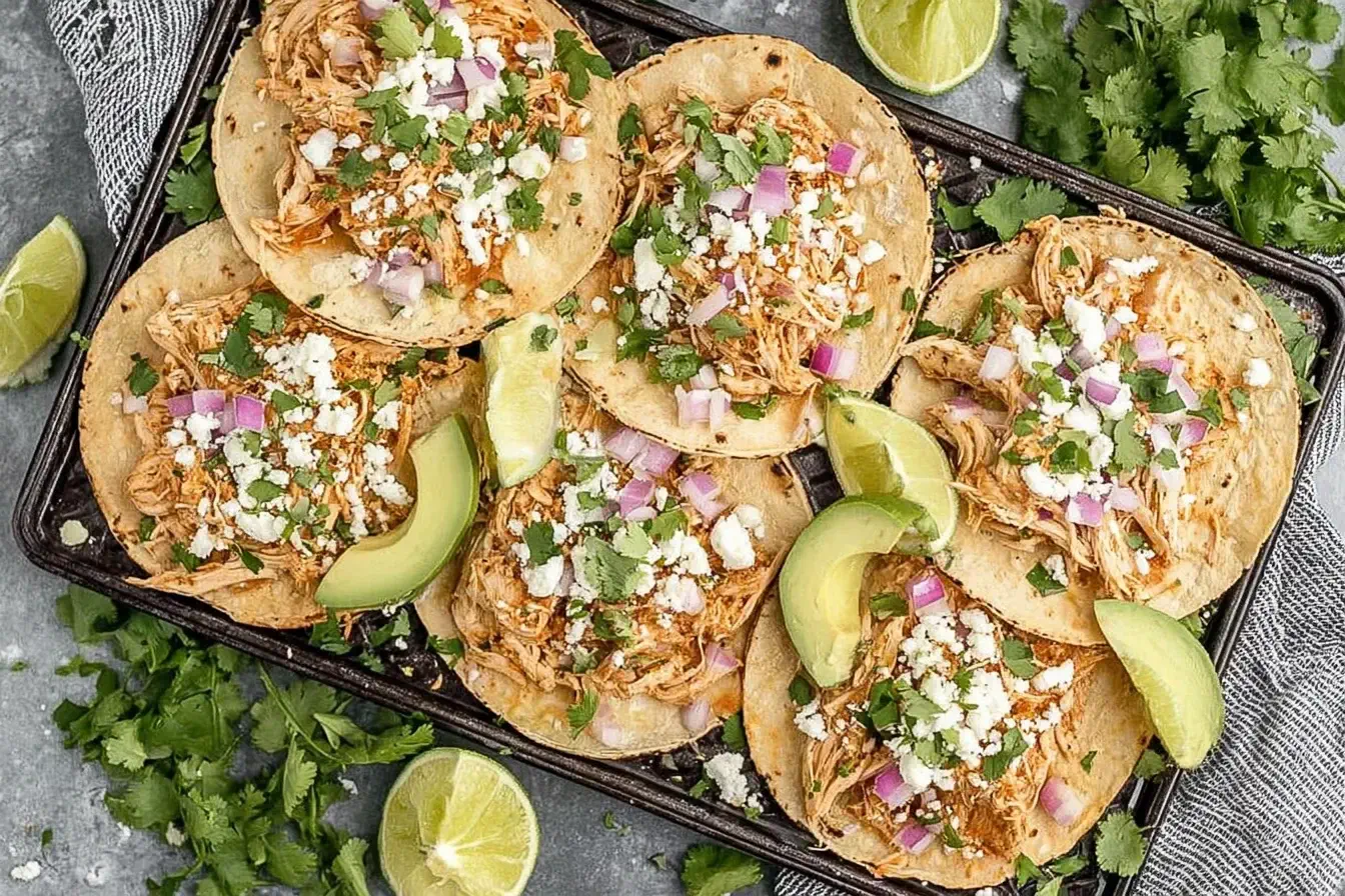 Healthy Crockpot Chicken Tacos topped with avocado, red onion, cilantro, and cotija cheese on a serving tray