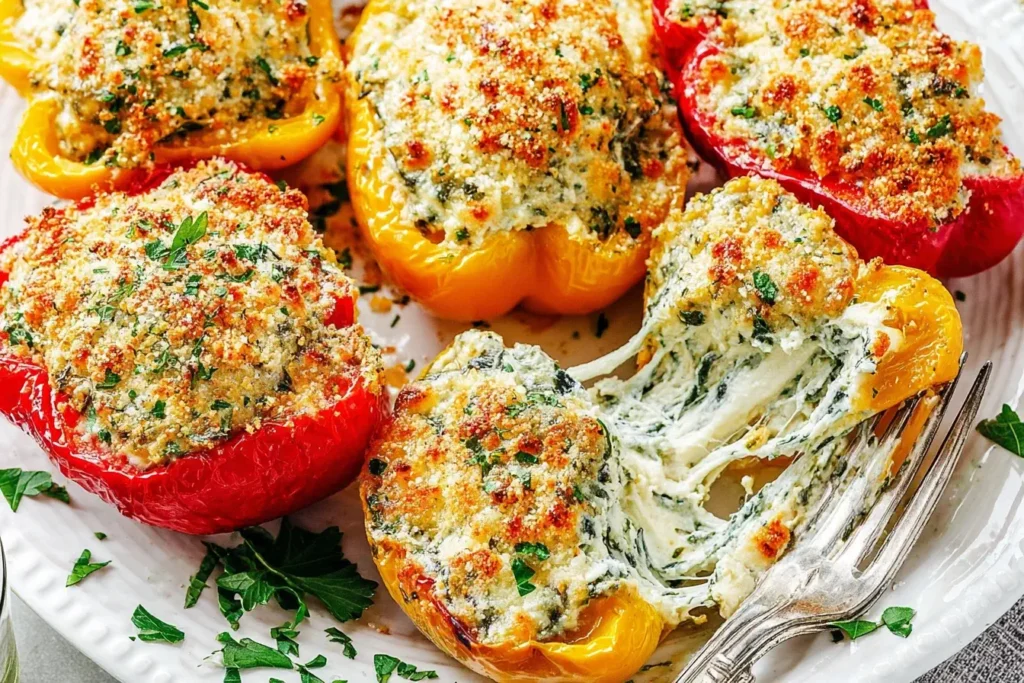 Close-up of baked ricotta stuffed peppers with spinach and herbs, showing melted cheese stretching as a pepper is pulled apart.