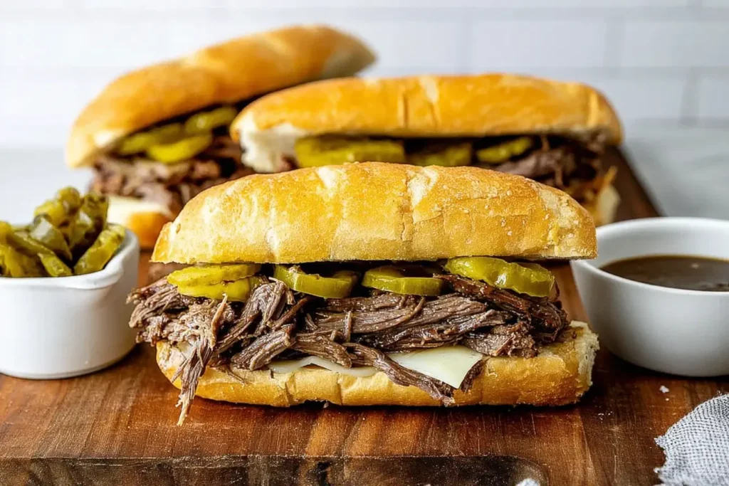 Slow Cooker Italian Beef Sandwiches served on toasted hoagie rolls with melted cheese, tangy pepperoncini, and au jus dipping sauce.