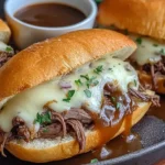 Slow Cooker French Dip Sandwiches with melted cheese and au jus dipping sauce on a plate