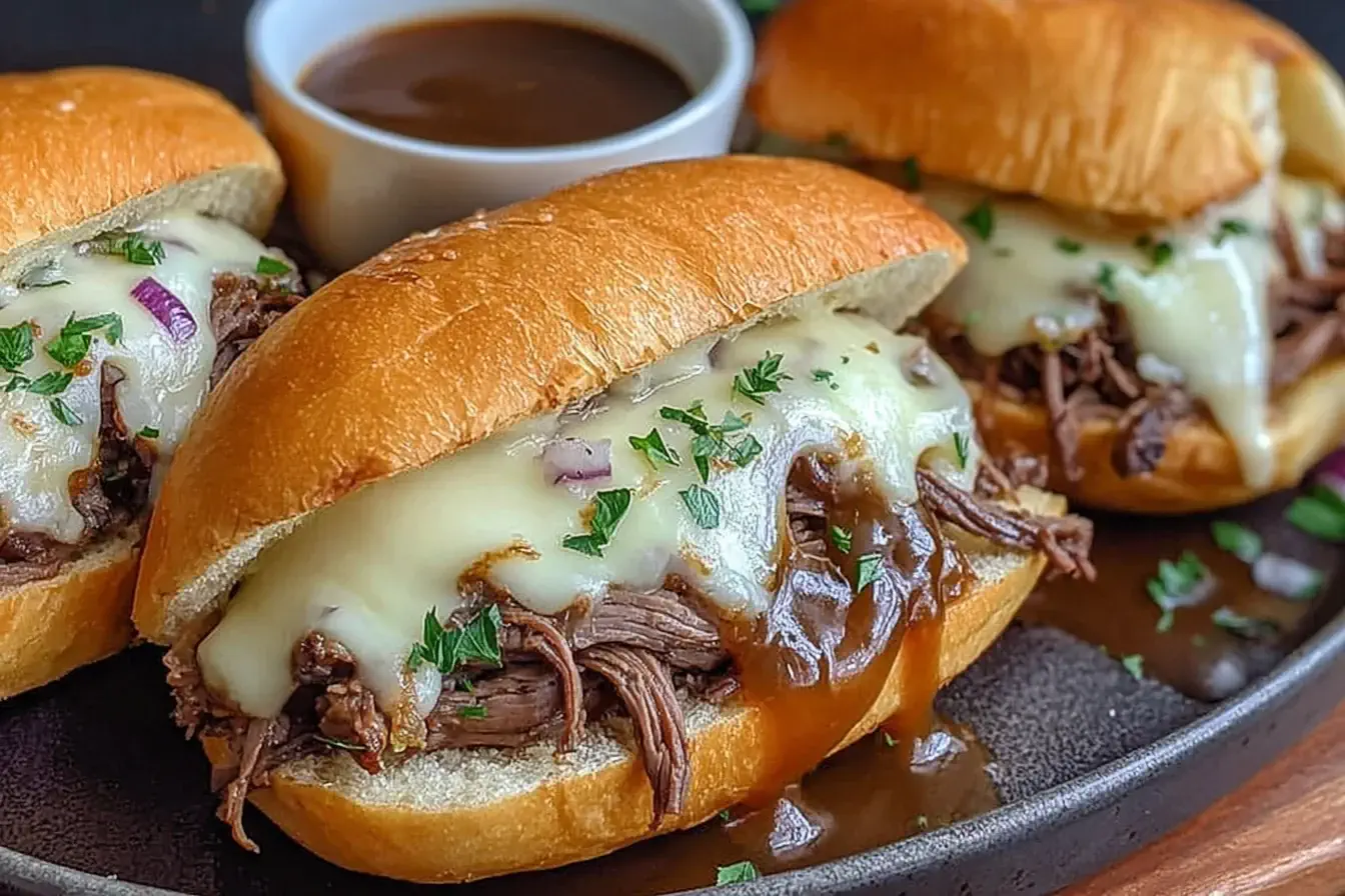 Slow Cooker French Dip Sandwiches with melted cheese and au jus dipping sauce on a plate
