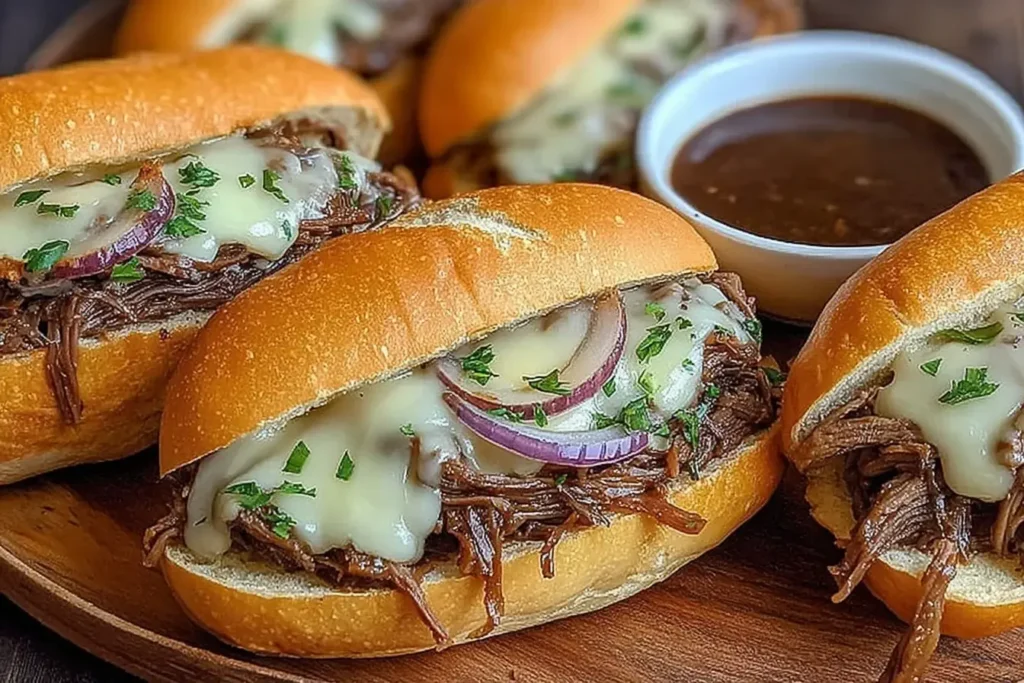 Slow Cooker French Dip Sandwiches topped with melted cheese, onions, and parsley served with au jus