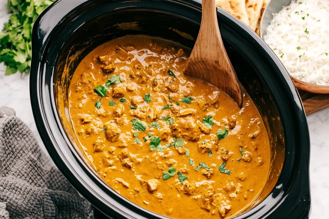Creamy Crockpot Butter Chicken simmering in a slow cooker with fresh cilantro garnish