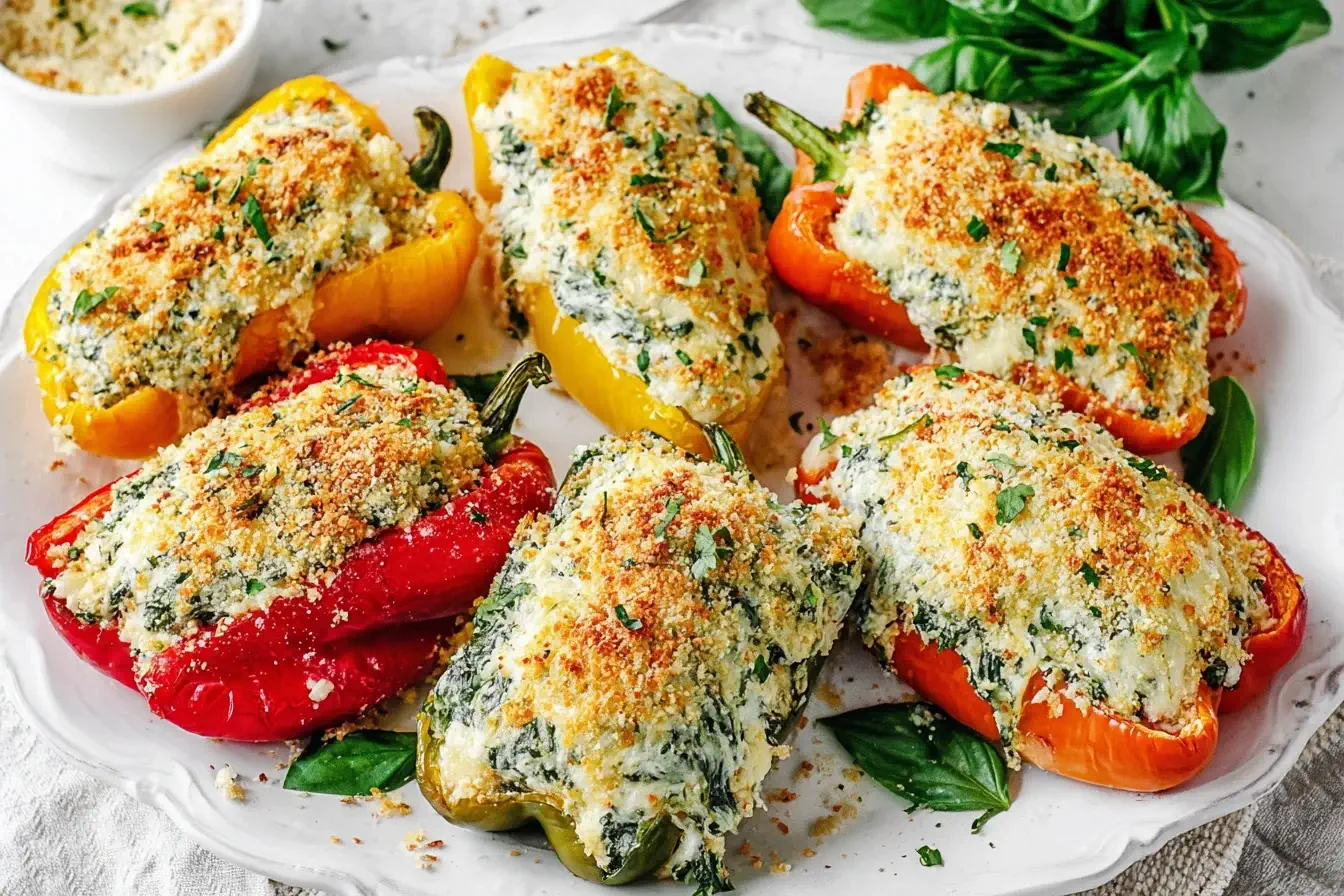 Ricotta stuffed peppers with spinach and breadcrumbs, baked until golden and served on a white platter.