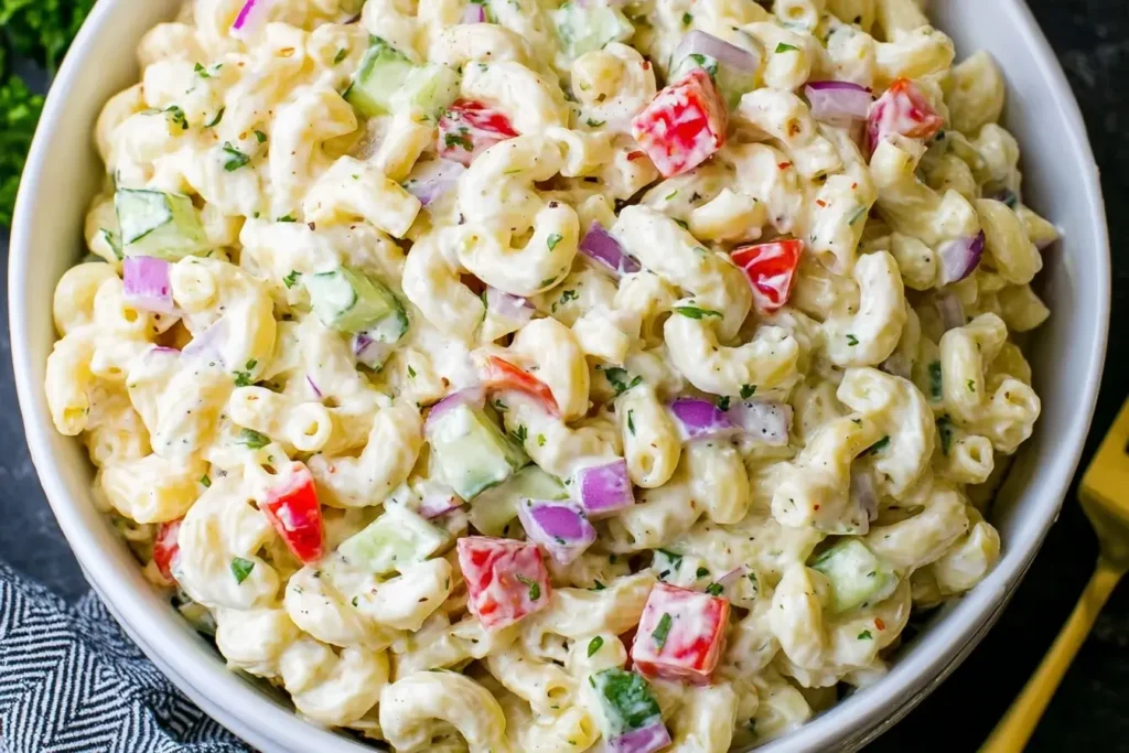 Bowl of creamy Gordon Ramsay Macaroni Salad with crunchy bell peppers, celery, cucumber, and red onion mixed in a tangy dressing.