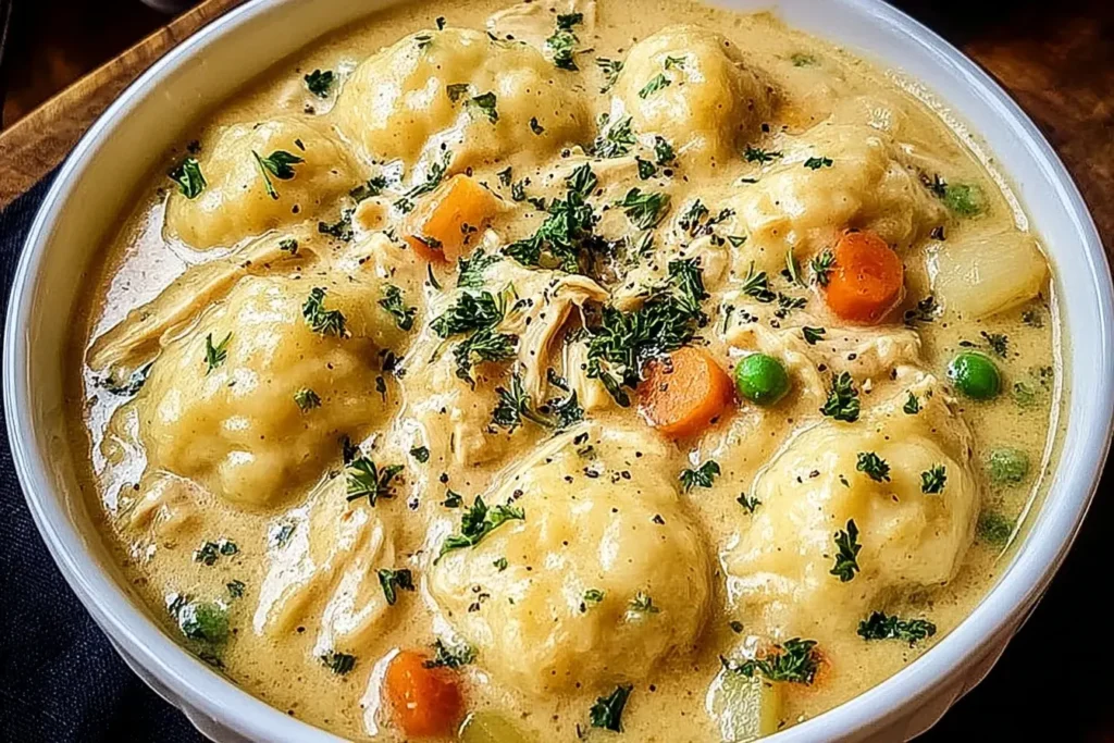 Hearty Crockpot Chicken and Dumplings with fluffy biscuit dumplings, tender chicken, carrots, peas, and creamy sauce topped with fresh herbs.