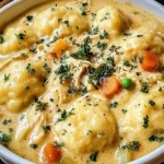 Hearty Crockpot Chicken and Dumplings with fluffy biscuit dumplings, tender chicken, carrots, peas, and creamy sauce topped with fresh herbs.