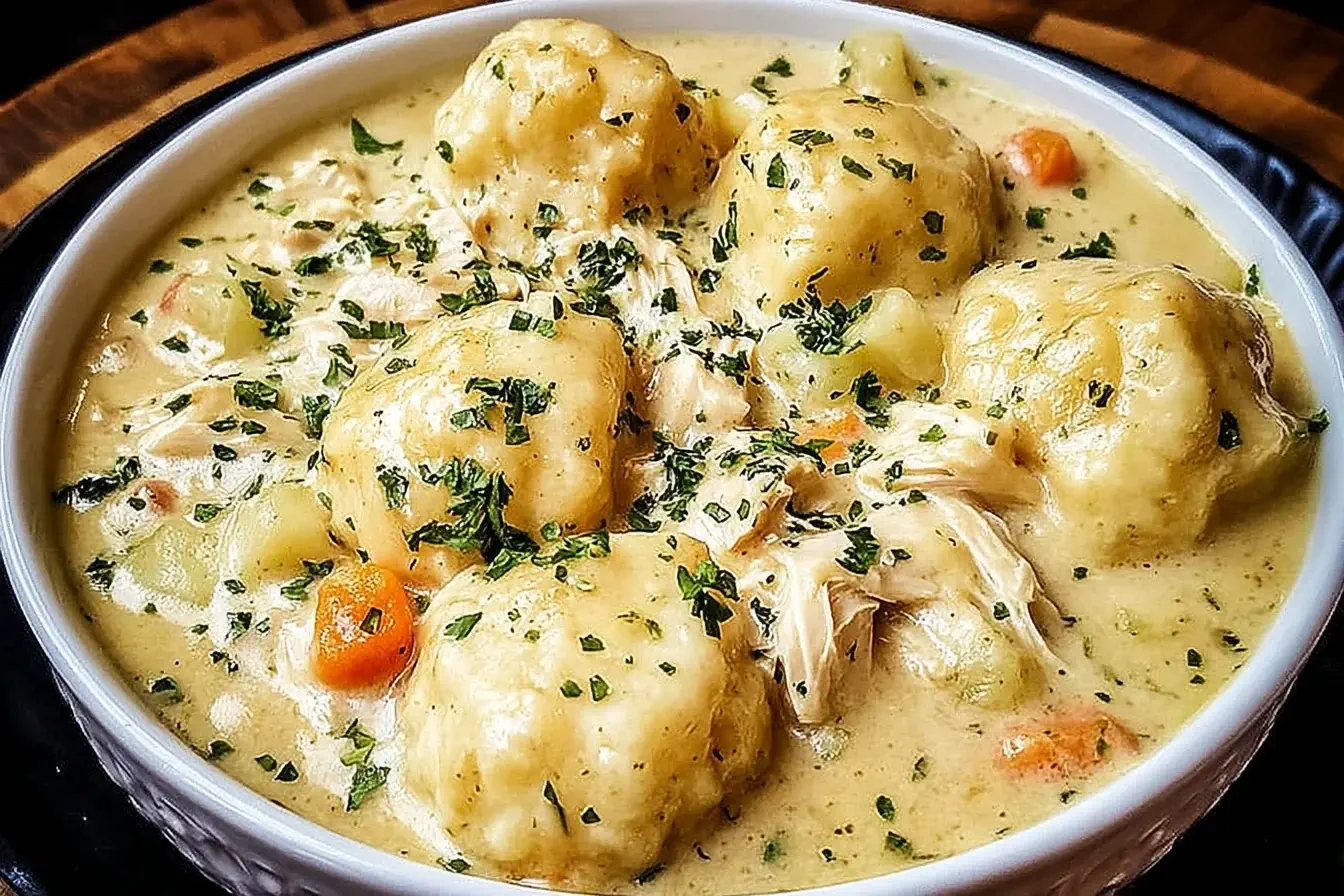 Creamy Crockpot Chicken and Dumplings with fluffy biscuit dumplings, tender chicken, carrots, and herbs in a comforting slow cooker meal.