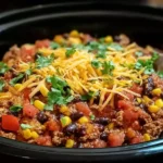 Slow Cooker Taco Casserole topped with shredded cheese, fresh cilantro, black beans, corn, and diced tomatoes in a black slow cooker.