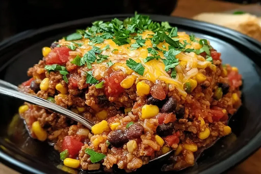Close-up of Slow Cooker Taco Casserole served on a black plate with ground beef, beans, corn, tomatoes, melted cheese, and fresh cilantro.