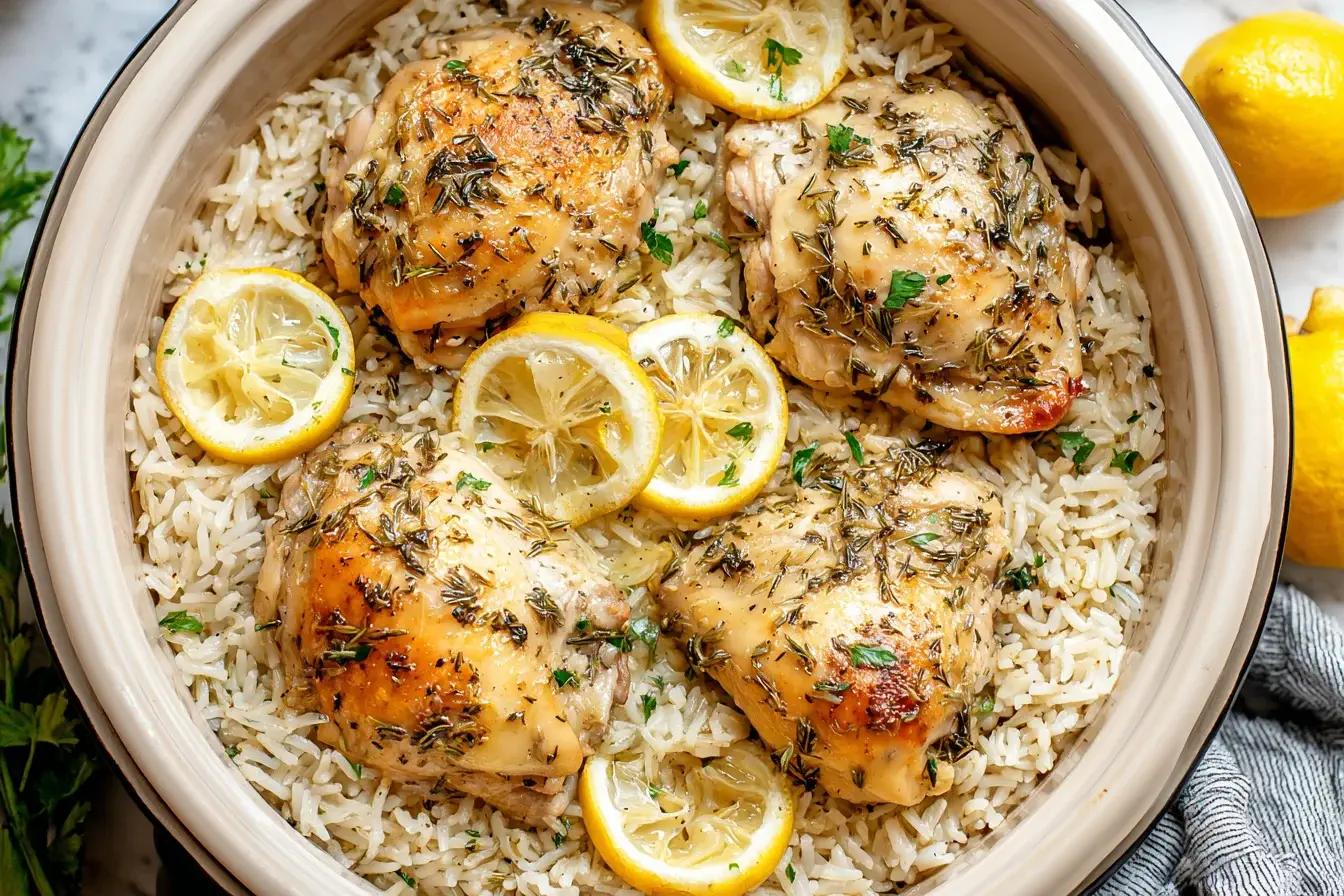 Slow Cooker Lemon Herb Chicken and Rice with juicy chicken thighs, lemon slices, and fresh herbs over fluffy rice in a crockpot.