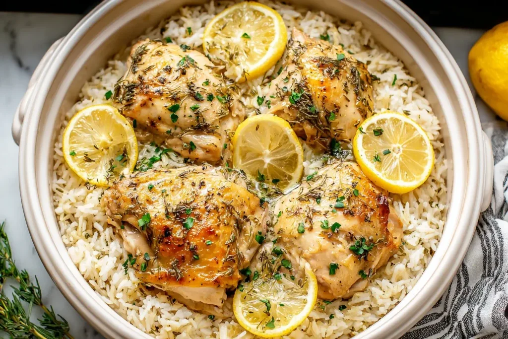 Slow Cooker Lemon Herb Chicken and Rice with golden chicken thighs, lemon slices, and fresh herbs served over fluffy white rice in a crockpot.