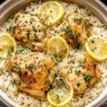 Slow Cooker Lemon Herb Chicken and Rice with golden chicken thighs, lemon slices, and fresh herbs served over fluffy white rice in a crockpot.