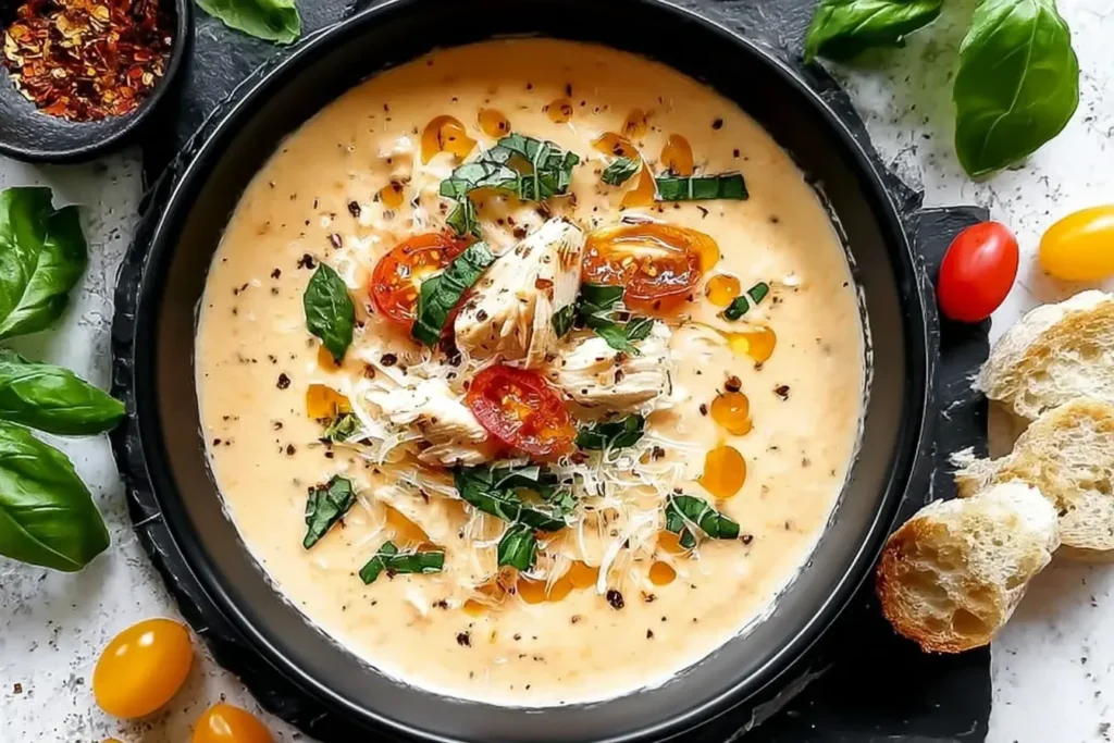 Bowl of Crock Pot Creamy Chicken Parmesan Soup topped with shredded chicken, basil, cherry tomatoes, and Parmesan cheese.
