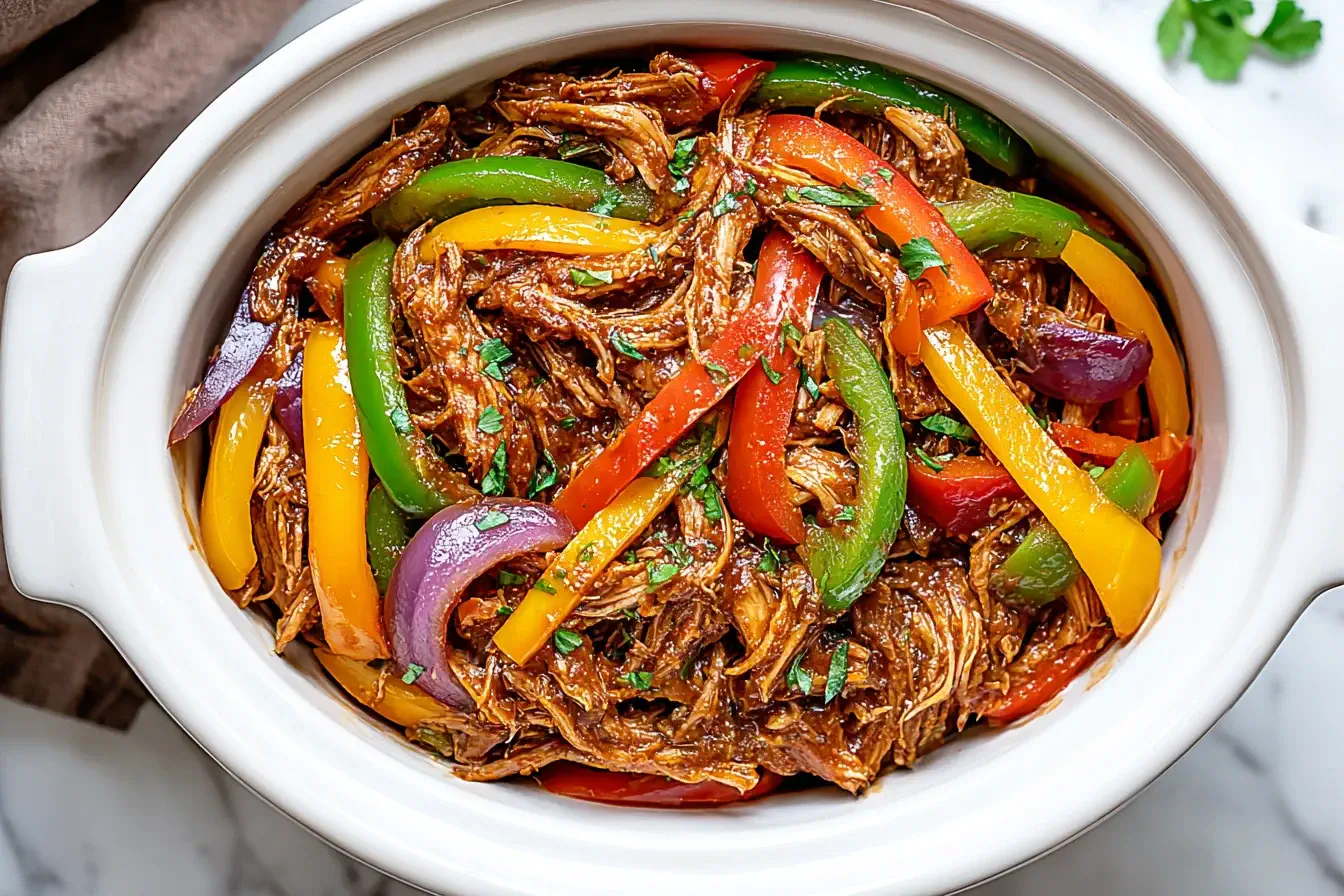 Crockpot Fajitas with shredded chicken, bell peppers, and onions in a white slow cooker