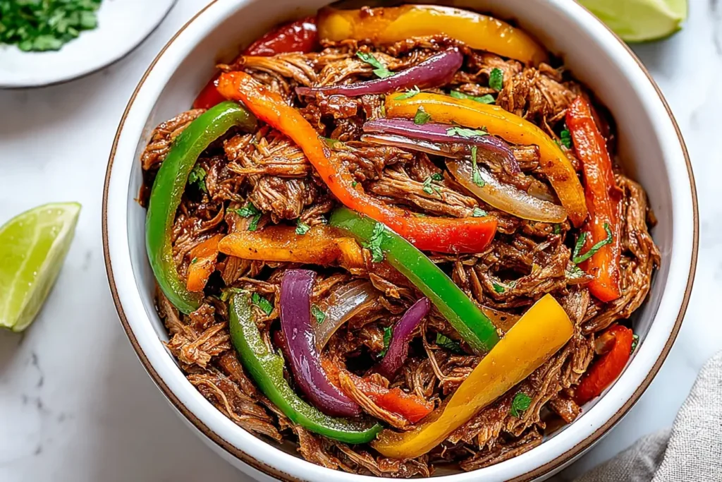 Crockpot Fajitas with colorful bell peppers and shredded chicken in a white bowl