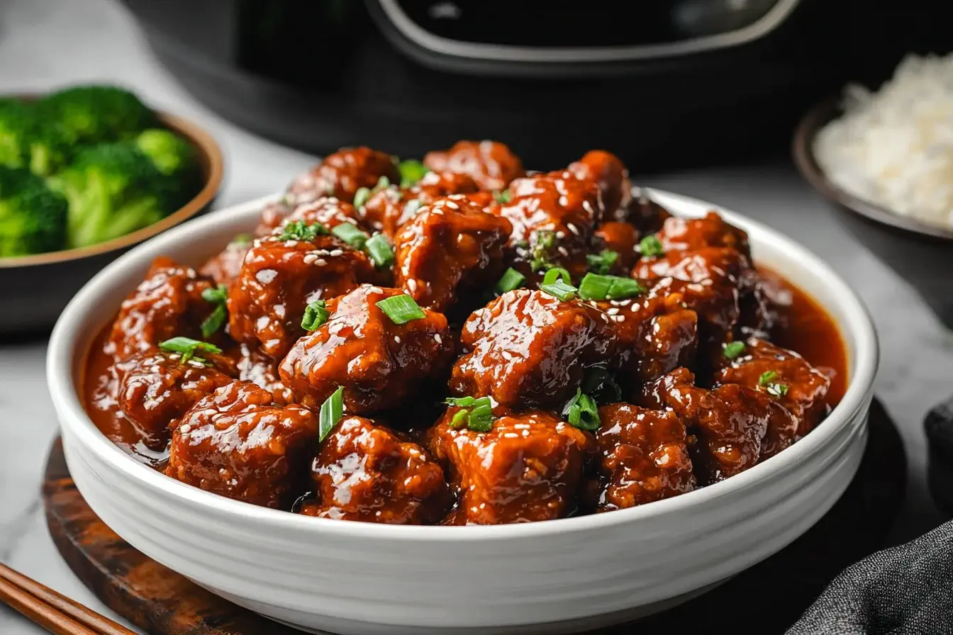 A bowl of slow cooker General Tso’s Chicken topped with sesame seeds and green onions, served with rice and broccoli.