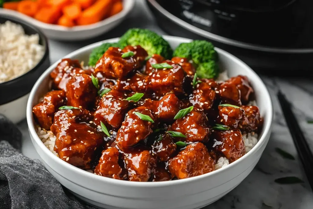 Bowl of slow cooker General Tso’s Chicken served over rice with broccoli and garnished with sesame seeds and green onions