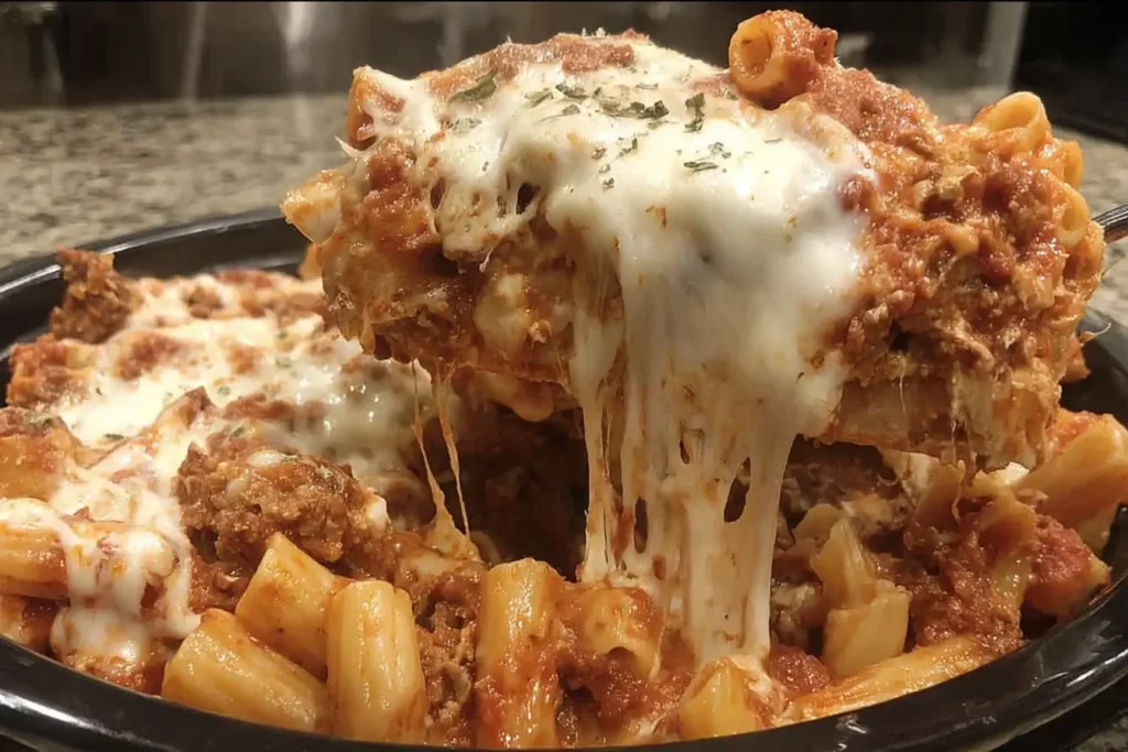 A cheesy serving of Crock Pot Baked Ziti being lifted from a slow cooker with melted mozzarella stretching.