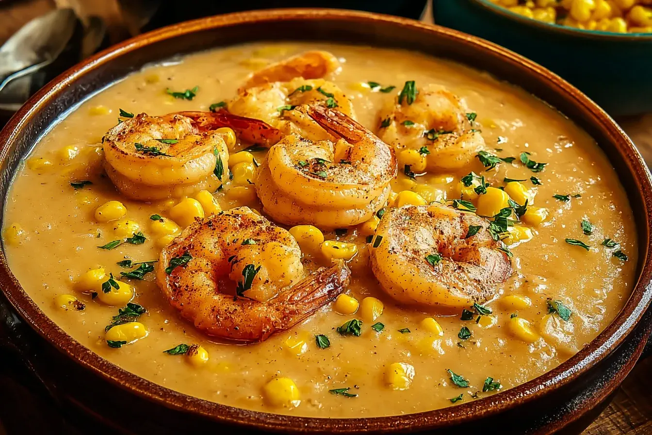 A creamy bowl of New Orleans Shrimp and Corn Bisque topped with tender shrimp, sweet corn, and fresh parsley.