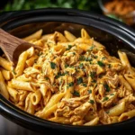 Creamy Crock Pot Cajun Chicken Pasta with penne and shredded chicken topped with fresh parsley in a black slow cooker.