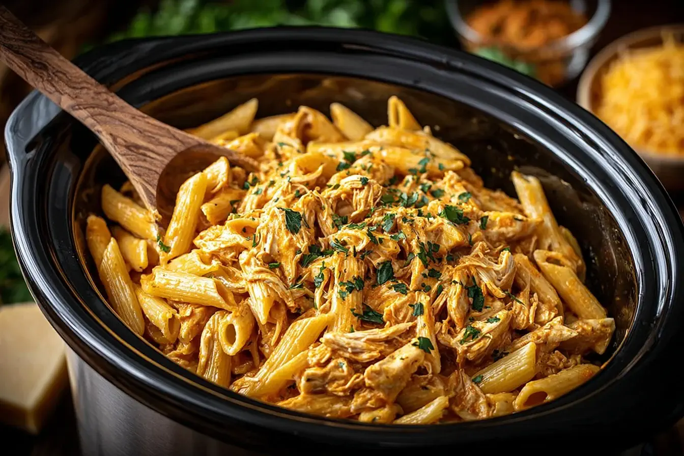 Creamy Crock Pot Cajun Chicken Pasta with penne and shredded chicken topped with fresh parsley in a black slow cooker.