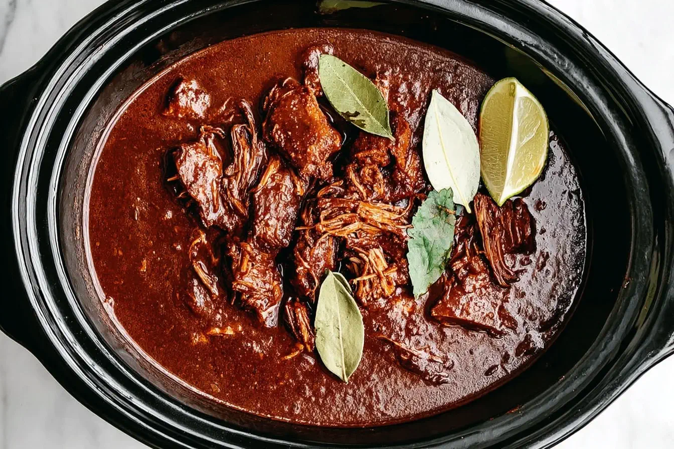 Delicious Crockpot Mexican Beef Birria garnished with lime wedges and fresh herbs.