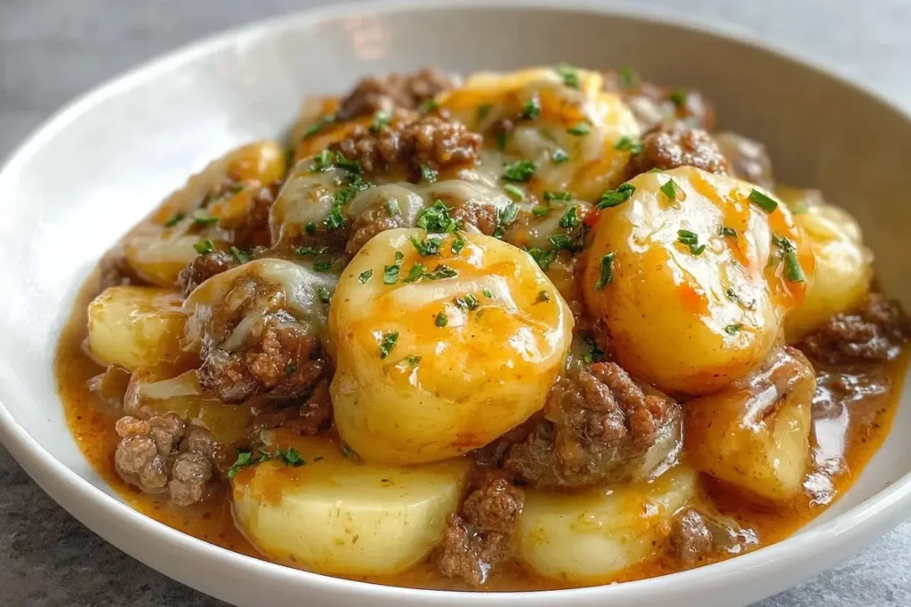 Close-up of Crockpot Hamburger Potato Casserole with melted cheese and parsley garnish in a white bowl