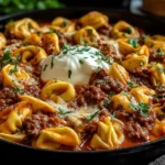 Cheesy Beef Enchiladas Tortellini in a skillet topped with sour cream and fresh herbs.