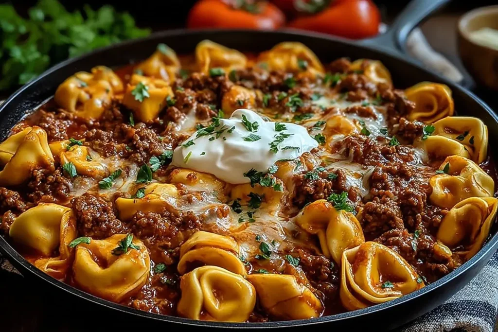 Cheesy Beef Enchiladas Tortellini baked in a skillet with melted cheese, ground beef, and sour cream topping.