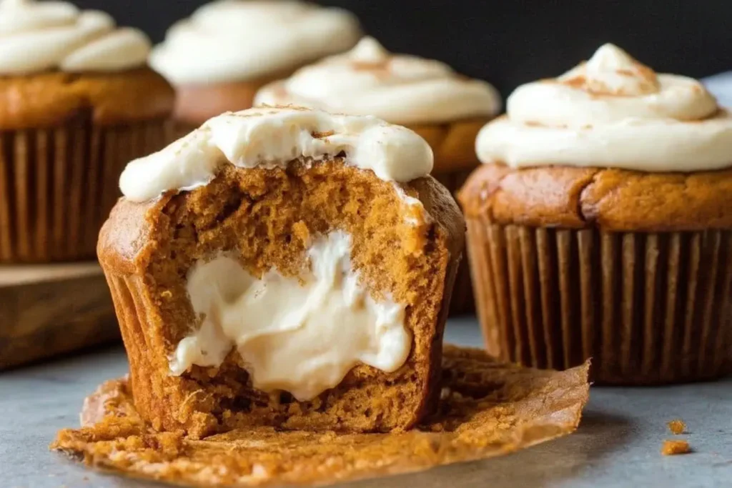 Starbucks Pumpkin Cream Cheese Muffins with creamy centers and rich frosting on top, one muffin unwrapped and bitten into.