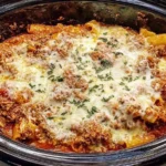 Cheesy Crock Pot Baked Ziti layered with meat sauce and melted mozzarella in a slow cooker.