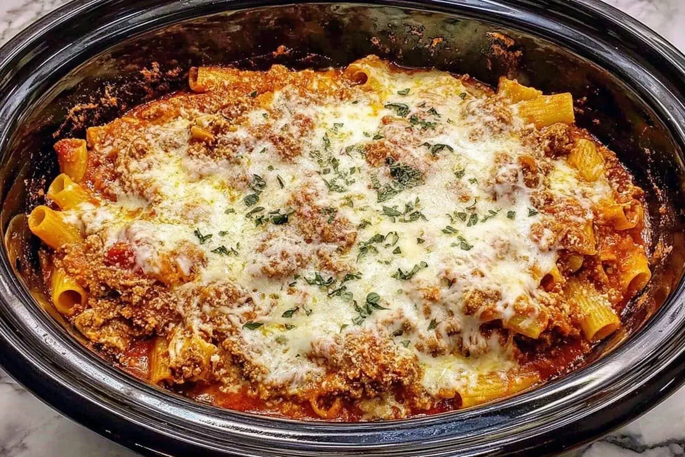 Cheesy Crock Pot Baked Ziti layered with meat sauce and melted mozzarella in a slow cooker.