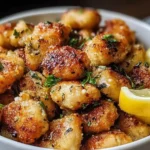 Golden crispy Air Fryer Lemon Chicken Bites garnished with parsley and served with lemon wedges in a white bowl.