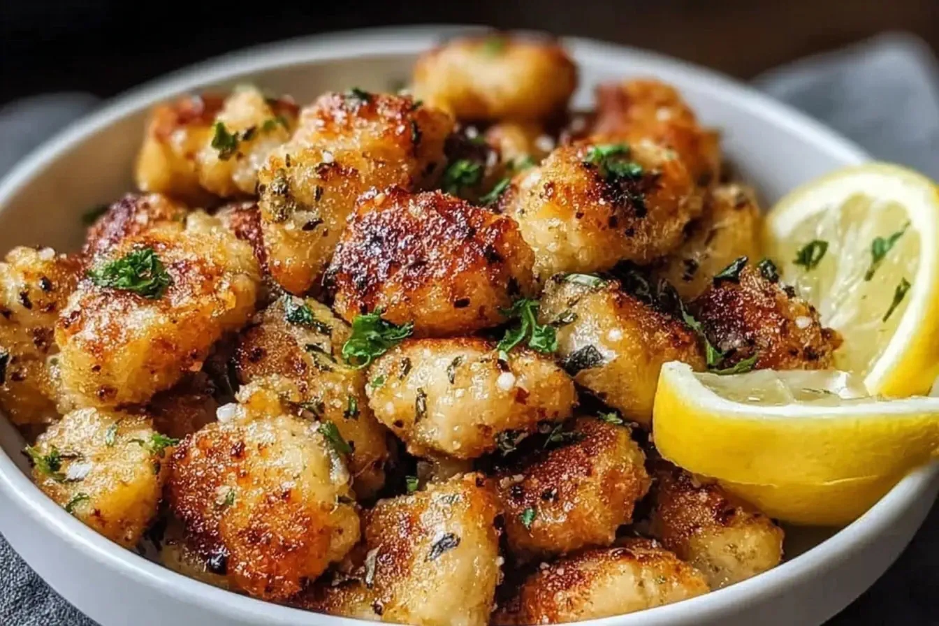 Golden crispy Air Fryer Lemon Chicken Bites garnished with parsley and served with lemon wedges in a white bowl.