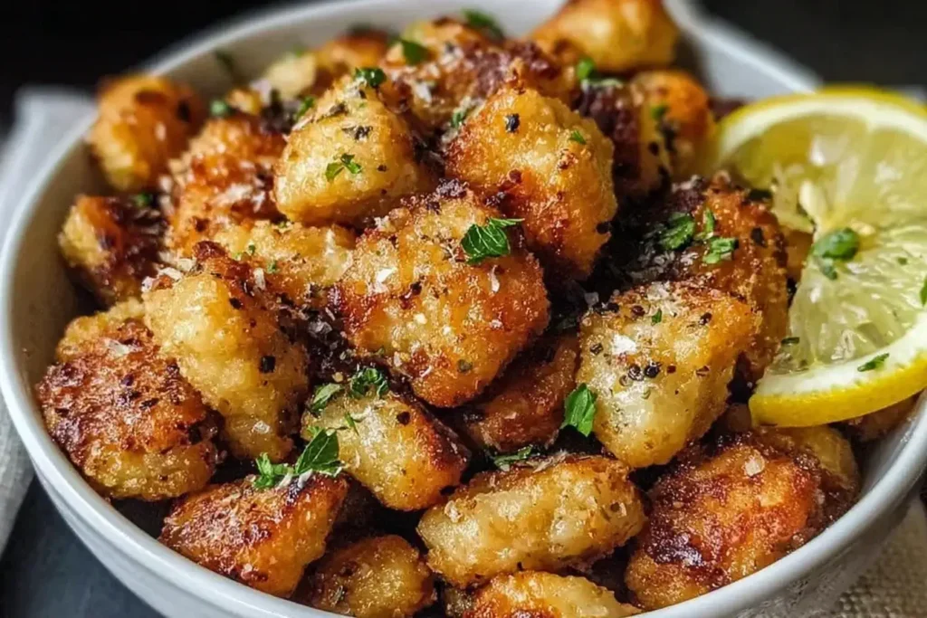 Air Fryer Lemon Chicken Bites served golden brown with fresh herbs and lemon wedges in a white bowl.