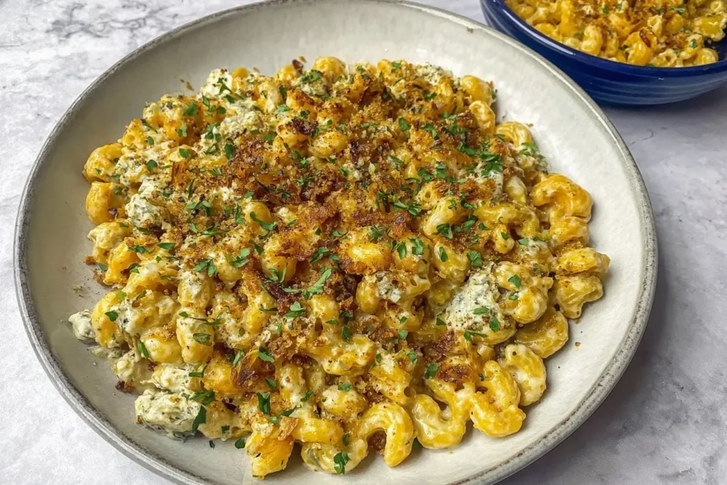 Close-up of creamy French Onion Soup Pasta topped with herbs and crispy breadcrumbs.